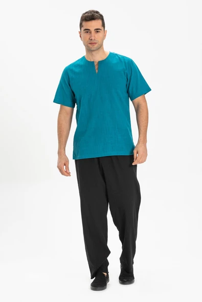 Kısa Kol Şile Bezi Bisiklet Yaka Erkek Yazlık Tshirt Petrol 3053