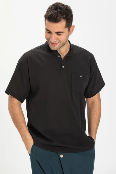 Kısa Kol Şile Bezi Tek Cepli Hakim Yaka Erkek Yazlık Tshirt Siyah 3003 - 3