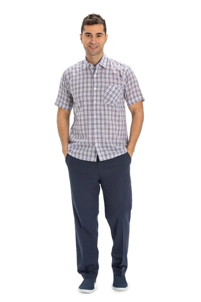 Kısa Kol Şile Bezi Tek Cepli Erkek Yazlık Gömlek Mor Kareli 3035 - 5