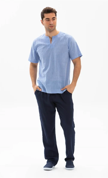 Kısa Kol Şile Bezi Bisiklet Yaka Erkek Yazlık Tshirt Mavi 3032 - Resim 4