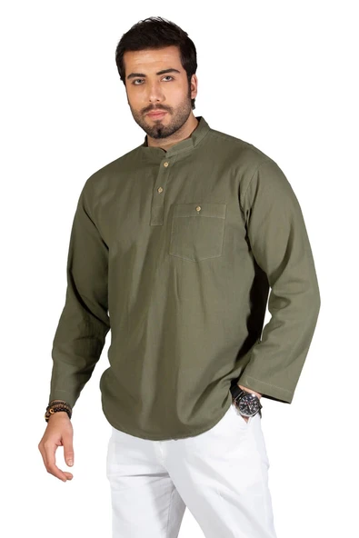 Uzun Kol Şile Bezi Tek Cepli Hakim Yaka Erkek Yazlık Tshirt Haki 3049 S Haki