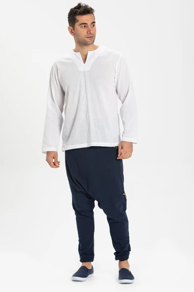 Uzun Kol Şile Bezi Bisiklet Yaka Erkek Yazlık Tshirt Beyaz 3001 - 4