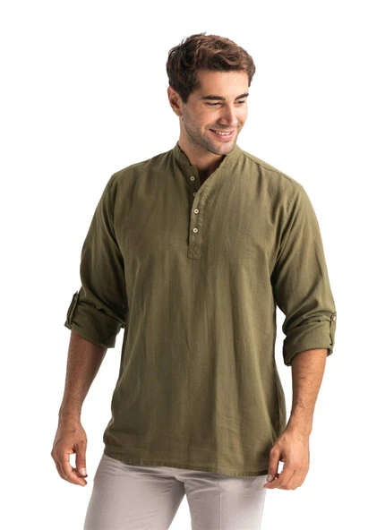 Uzun Kol Şantuklu Pamuk Bodrum Erkek Yazlık Tshirt Düz Haki 9004 S Düz Haki - 7