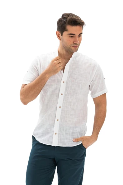 Kısa Kol Şantuklu Pamuk Bodrum Yazlık Erkek Gömlek Beyaz 3001 - 6