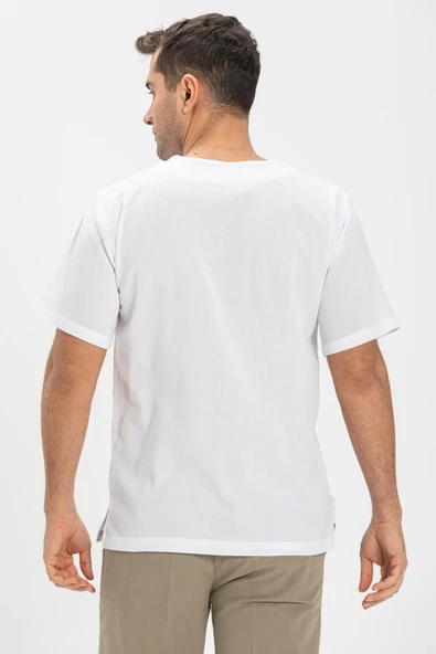 Kısa Kol Şile Bezi Zımbalı Erkek Yazlık Tshirt Beyaz 3001 - 2