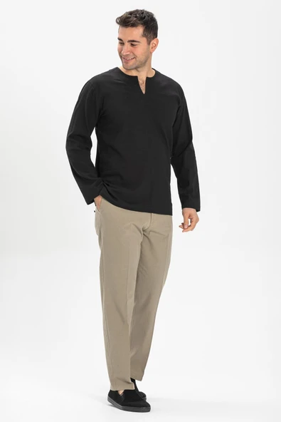 Uzun Kol Şile Bezi Bisiklet Yaka Erkek Yazlık Tshirt Siyah 3003