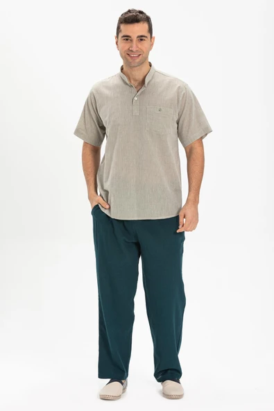 Kısa Kol Şile Bezi Tek Cepli Hakim Yaka Erkek Yazlık Tshirt Taş 3031 - Resim 4