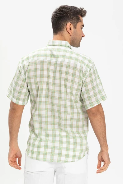 Kısa Kol Şile Bezi Tek Cepli Erkek Yazlık Gömlek Yeşil Ekose 3063 - 2
