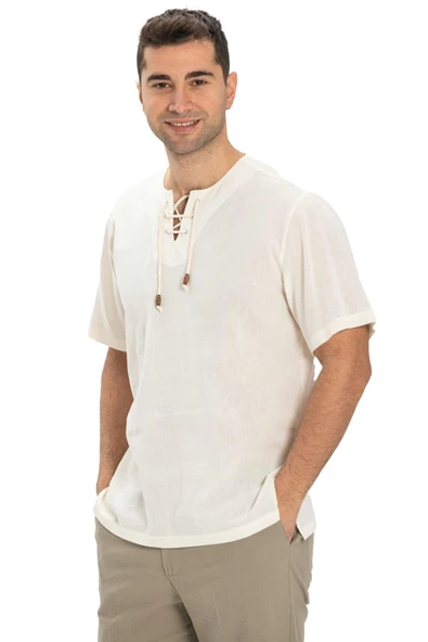 Kısa Kol Şile Bezi Zımbalı Erkek Yazlık Tshirt Krem 3002 - Resim 6