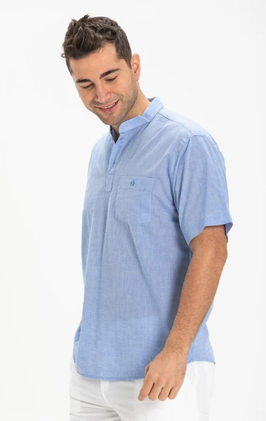 Kısa Kol Şile Bezi Tek Cepli Hakim Yaka Erkek Yazlık Tshirt Mavi 3032 - 3
