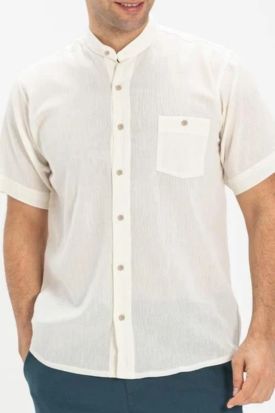 Kısa Kol Şile Bezi Hakim Yaka Tek Cepli Erkek Yazlık Gömlek Krem 3002 - Resim 3