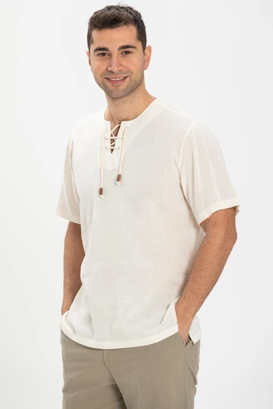 Kısa Kol Şile Bezi Zımbalı Erkek Yazlık Tshirt Krem 3002 ürün görseli