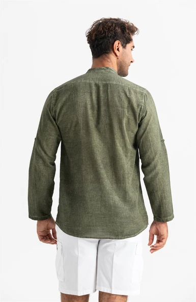 Uzun Kol Şantuklu Pamuk Bodrum Erkek Yazlık Tshirt Haki 9008 S Haki - 2