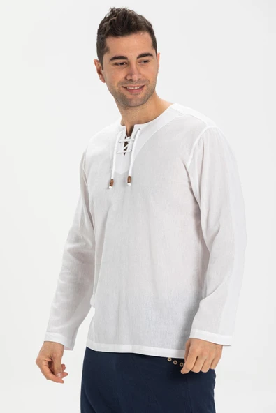 Uzun Kol Şile Bezi Zımbalı Erkek Yazlık Tshirt Beyaz 3001 - Resim 3