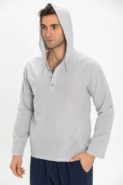 Şile Bezi Kapüşonlu Erkek Yazlık Sweatshirt Gri Gri 2XL Gri - 3