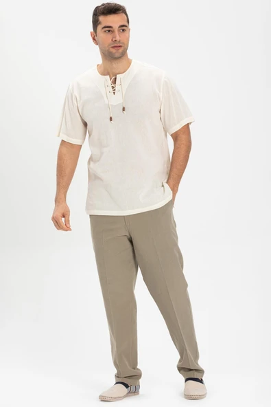 Kısa Kol Şile Bezi Zımbalı Erkek Yazlık Tshirt Krem 3002 - Resim 4