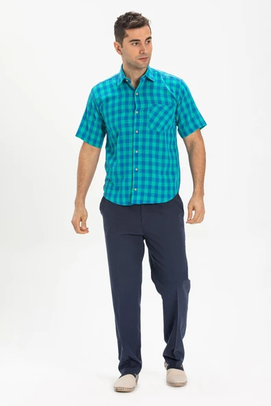 Kısa Kol Şile Bezi Tek Cepli Erkek Yazlık Gömlek Mint Kareli 3033