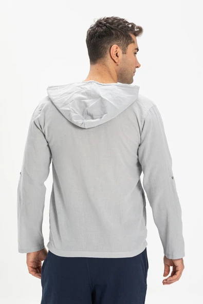Şile Bezi Kapüşonlu Erkek Yazlık Sweatshirt Gri Gri 2XL Gri - 2