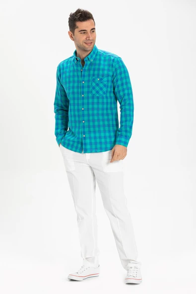 Uzun Kol Dar Kalıp Şile Bezi Tek Cepli Erkek Yazlık Gömlek Mint Kareli 3033 ürün görseli