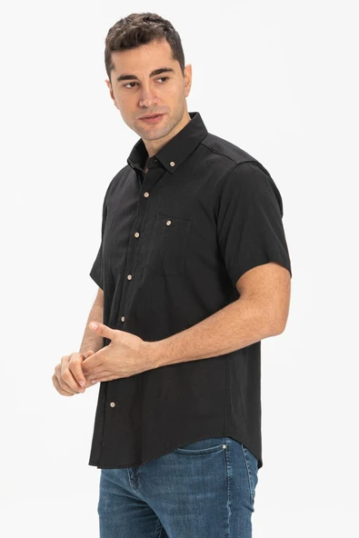Kısa Kol Dar Kalıp Şile Bezi Tek Cepli Erkek Yazlık Gömlek Siyah 3003 - 3