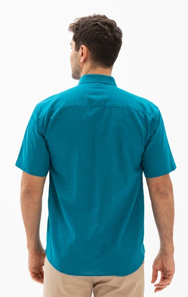 Kısa Kol Şile Bezi Tek Cepli Erkek Yazlık Gömlek Petrol 3053 - 2