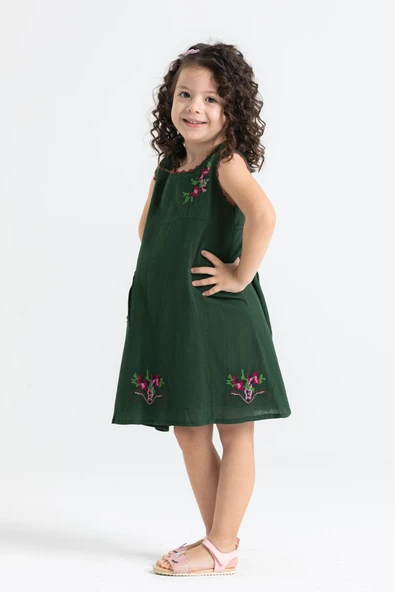 Burçak Şile Bezi Kız Çocuk Yazlık Elbise Yeşil Ysl - Resim 3