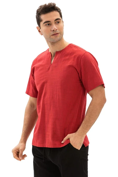 Kısa Kol Şile Bezi Bisiklet Yaka Erkek Yazlık Tshirt Kırmızı 3051 - 6