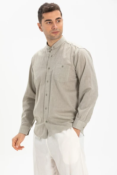 Uzun Kol Şile Bezi Hakim Yaka Tek Cepli Erkek Yazlık Gömlek Taş 3031 - 4