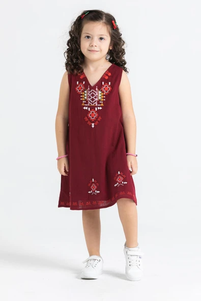 Gökçe Şile Bezi Kız Çocuk Yazlık Elbise Bordo Brd 2-3 Yaş Bordo