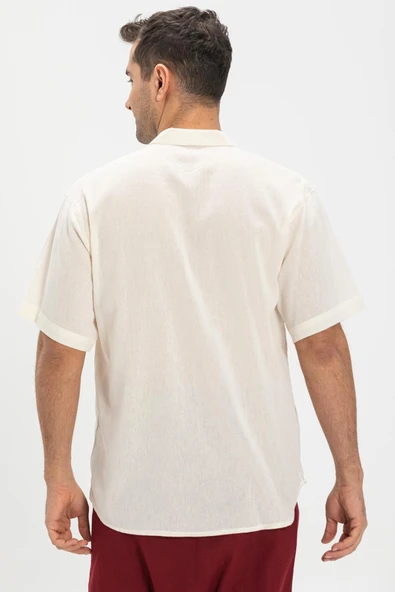 Kısa Kol Şile Bezi Tek Cepli Hakim Yaka Erkek Yazlık Tshirt Krem 3002 - 2