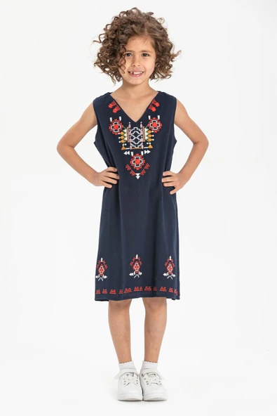 Gökçe Şile Bezi Kız Çocuk Yazlık Elbise Lacivert Lcvt 2-3 Yaş Lacivert