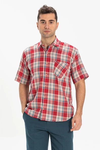 Kısa Kol Şile Bezi Tek Cepli Erkek Yazlık Gömlek Kırmızı Lacivert Ekose 3057 - Resim 4