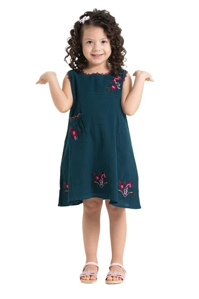 Burçak Şile Bezi Kız Çocuk Yazlık Elbise Petrol Ptrl - Resim 7