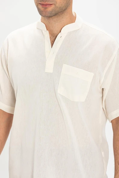 Kısa Kol Şile Bezi Tek Cepli Hakim Yaka Erkek Yazlık Tshirt Krem 3002 - 3