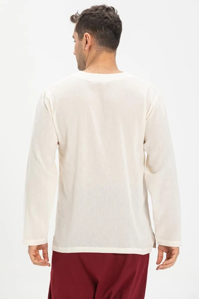 Uzun Kol Şile Bezi Bisiklet Yaka Erkek Yazlık Tshirt Krem 3002 - 2