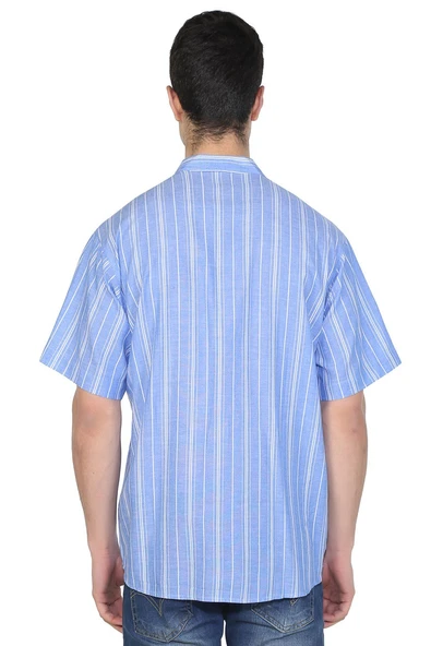 Kısa Kol Şile Bezi Tek Cepli Hakim Yaka Erkek Yazlık Tshirt Mavi Beyaz Çizgili 3019 - 2