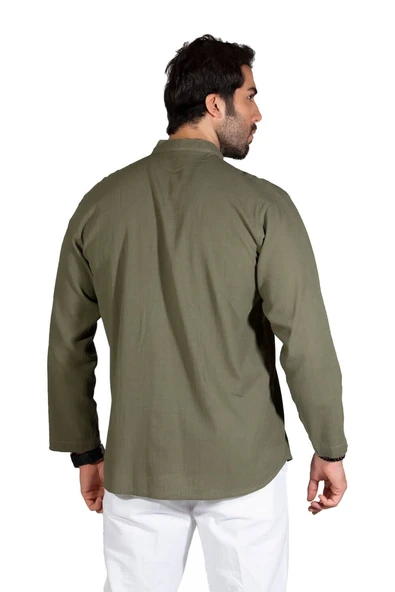 Uzun Kol Şile Bezi Tek Cepli Hakim Yaka Erkek Yazlık Tshirt Haki 3049 S Haki - 2