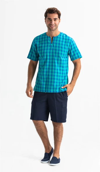 Kısa Kol Şile Bezi Bisiklet Yaka Erkek Yazlık Tshirt Mint Kareli 3033 - 1
