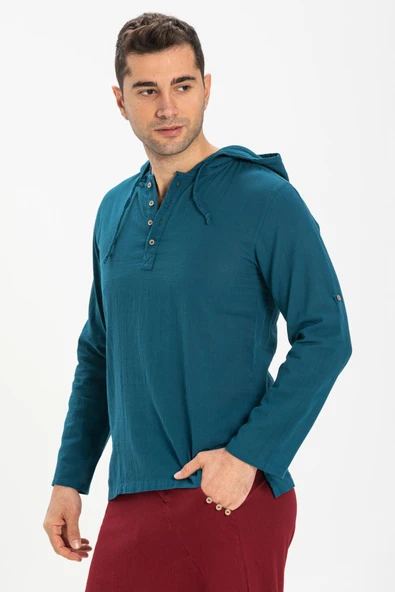Şile Bezi Kapüşonlu Erkek Yazlık Sweatshirt Petrol Ptrl S Petrol - 3