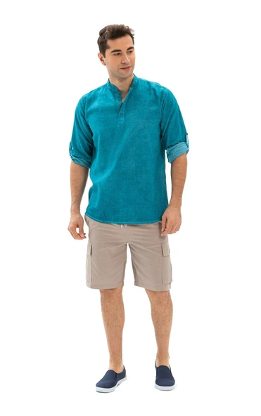 Uzun Kol Şantuklu Pamuk Bodrum Erkek Yazlık Tshirt Turkuaz 9013 S Turkuaz - 6