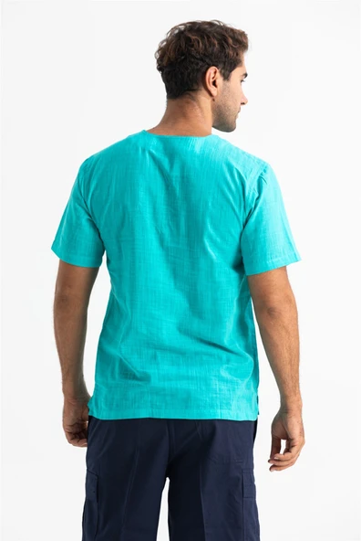 Kısa Kol Şile Bezi Zımbalı Erkek Yazlık Tshirt Turkuaz 3054 - 2