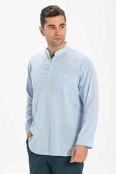 Uzun Kol Şile Bezi Tek Cepli Hakim Yaka Erkek Yazlık Tshirt Buz Mavi 3027 S Buz Mavi - 3