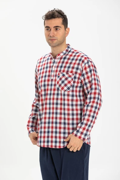Uzun Kol Şile Bezi Tek Cepli Hakim Yaka Erkek Yazlık Tshirt Kırmızı Lacivert Kareli 3008 - 4