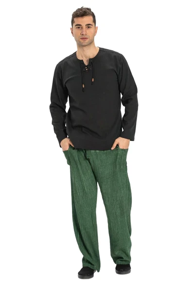 Uzun Kol Şile Bezi Zımbalı Erkek Yazlık Tshirt Siyah 3003 - Resim 6