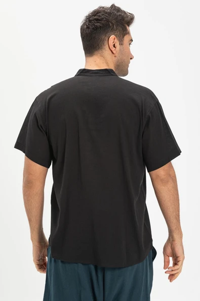 Kısa Kol Şile Bezi Tek Cepli Hakim Yaka Erkek Yazlık Tshirt Siyah 3003 - 2