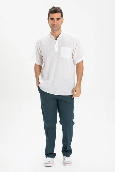 Kısa Kol Şile Bezi Tek Cepli Hakim Yaka Erkek Yazlık Tshirt Beyaz 3001 - 1