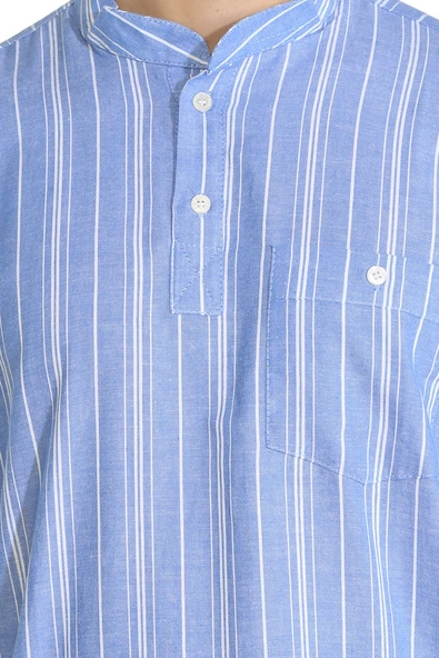 Kısa Kol Şile Bezi Tek Cepli Hakim Yaka Erkek Yazlık Tshirt Mavi Beyaz Çizgili 3019 - 3