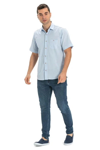 Kısa Kol Şile Bezi Tek Cepli Erkek Yazlık Gömlek Buz Mavi 3027 - 6