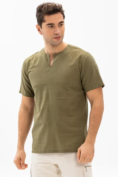 Kısa Kol Şile Bezi Bisiklet Yaka Erkek Yazlık Tshirt Haki 3049 ürün görseli