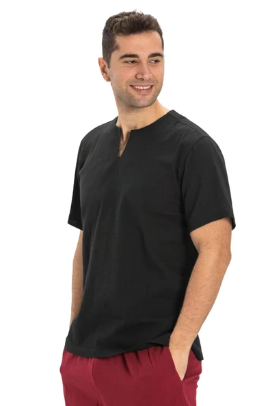 Kısa Kol Şile Bezi Bisiklet Yaka Erkek Yazlık Tshirt Siyah 3003 - 5